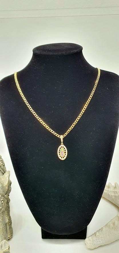 Cadena Cubana Diamantada Dama 45 cm + Colgante Vrgen Circones Verdes y cristal