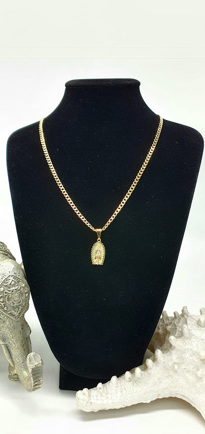 Cadena Cubana Diamantada Dama 45 cm + Colgante vVrgen Circon Verde