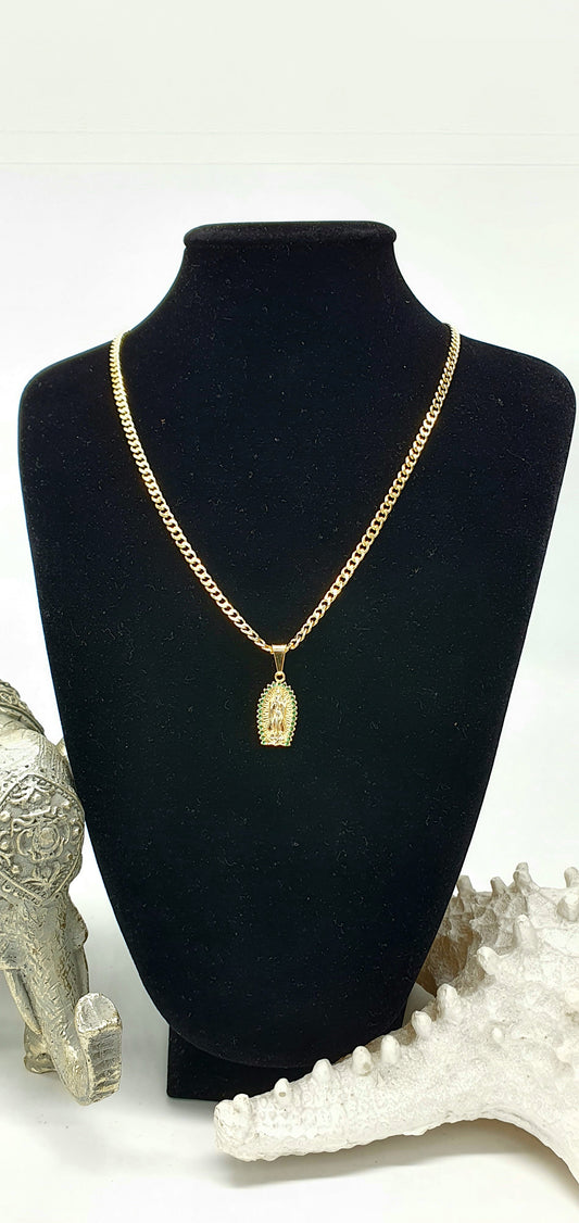Cadena Cubana Diamantada Dama 45 cm + Colgante vVrgen Circon Verde