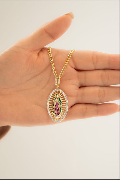 Cadena Cubana Diamantada 45cm + Colgante Guadalupe y Circones