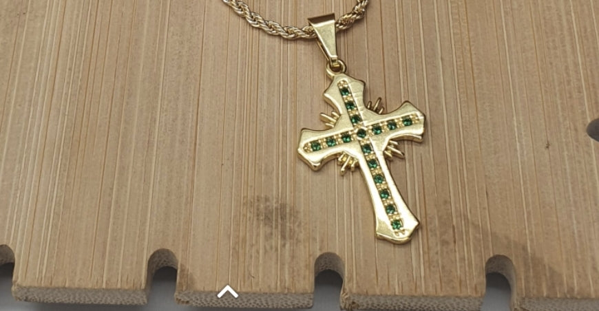 Cadena Lazo 65cm + Colgante cruz circon verde