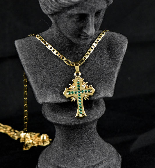 Cadena Cubana Plana en H 60cms + Colgante Cruz Sagrada Circonia Verde